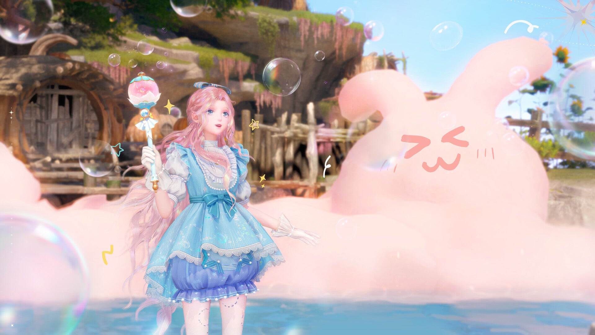 A pink haired female in Infinity Nikki surrounded by bubbles and a bunny-like foam creature