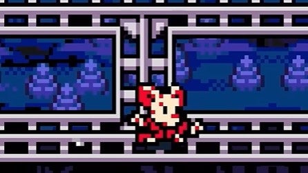 A pixelated mouse skates over rails in Mina the Hollower
