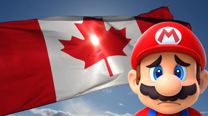 A sad looking Mario in front of a Canadian flag