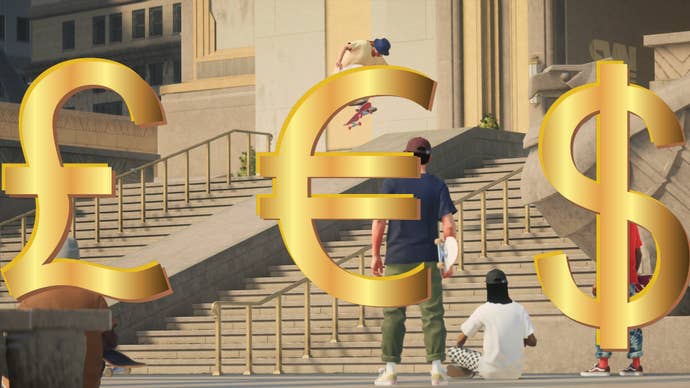 A screenshot showing a group of skateboarders in Skate overlayed with the symbols for pounds, euros and dollars
