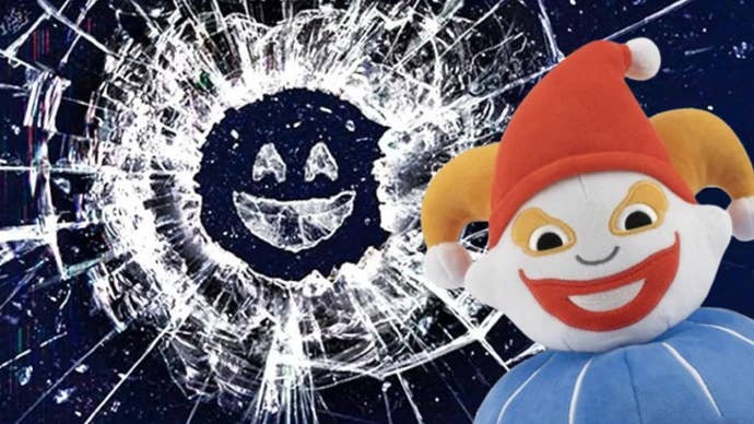 A shattered mirror with a smiling face in the glass from Black Mirror marketing overlayed with Balatro's Jimbo plush