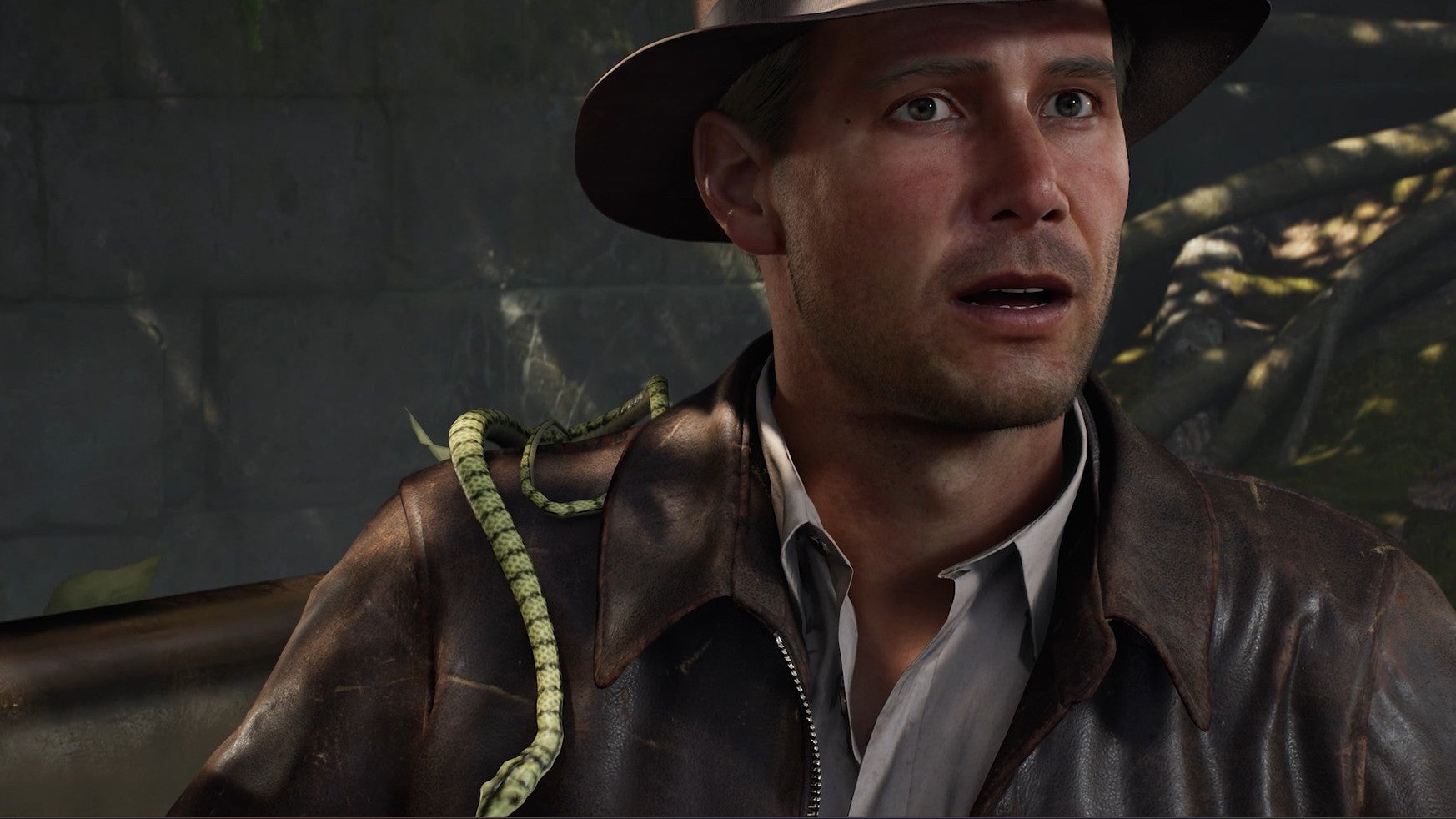 A snake lands on Indy&rsquo;s shoulder in Indiana Jones and the Great Circle