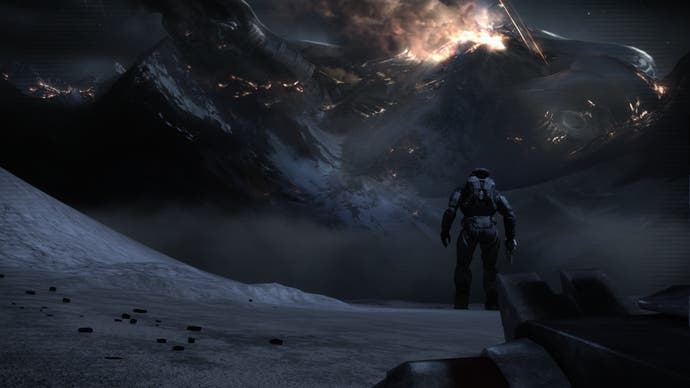 A Spartan stands before a mountain watching a flaming spaceship in the sky in Halo: Reach