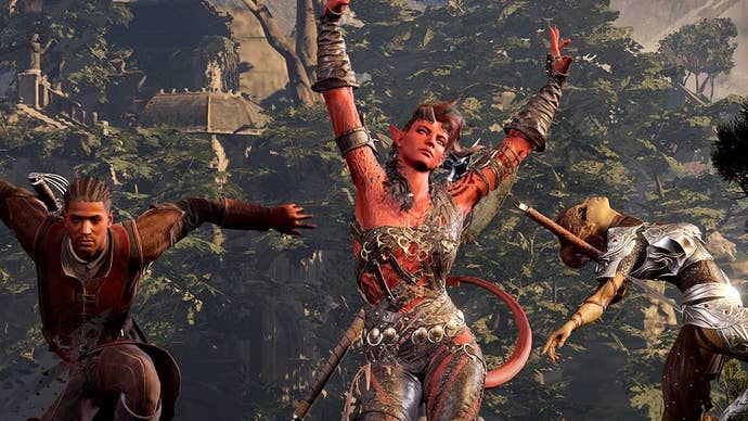 A trio in Baldur's Gate 3 leap into the air with Zariel Tiefling Karlach in the centre