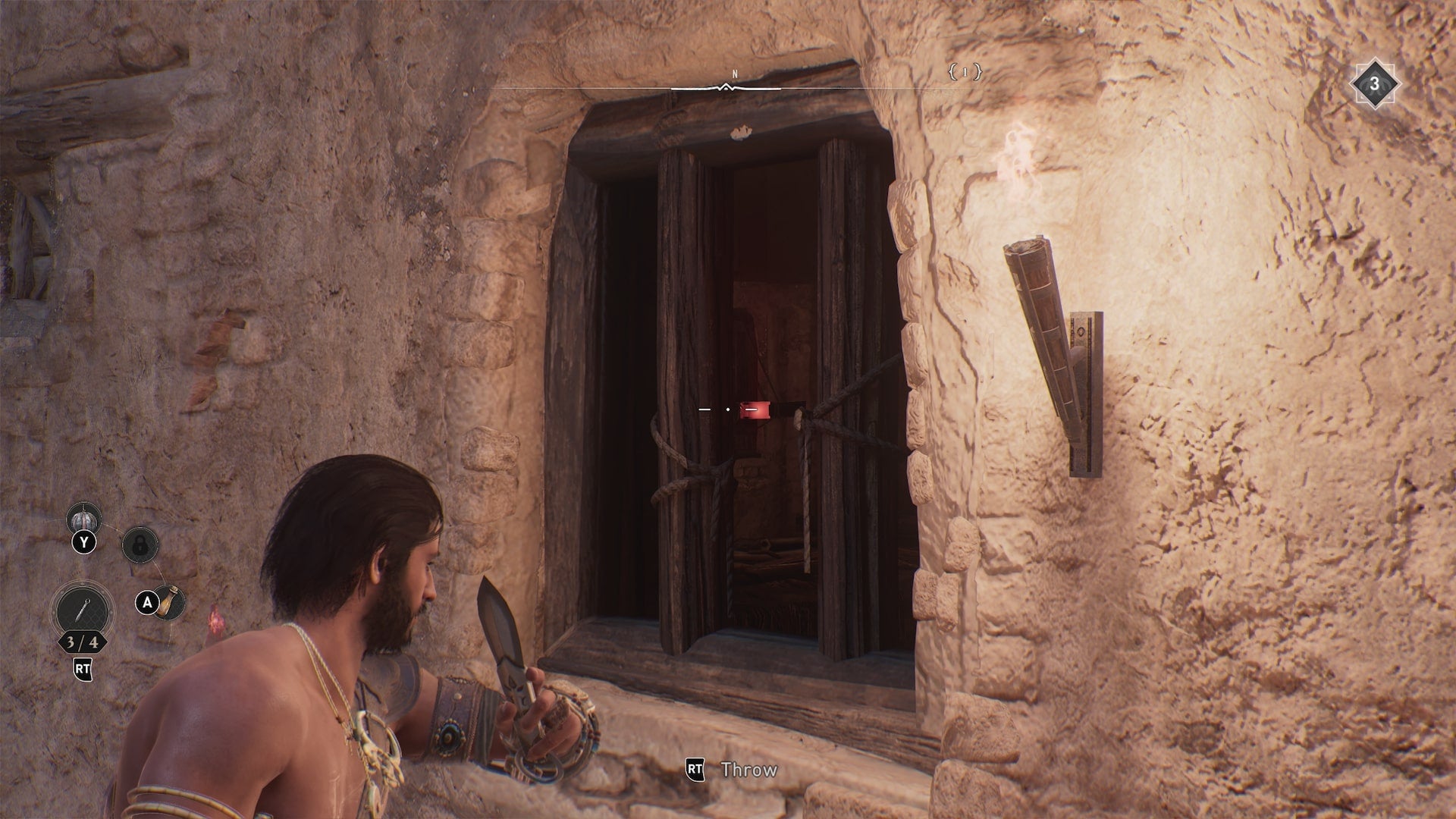 Basim aims a throwing knife through a barred window at another, breakable window in Assassin&rsquo;s Creed Mirage