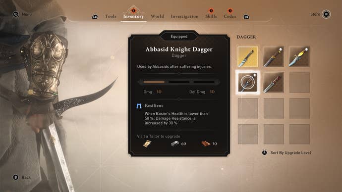 The Abbasid Knight dagger shown in the player inventory in Assassin's Creed Mirage