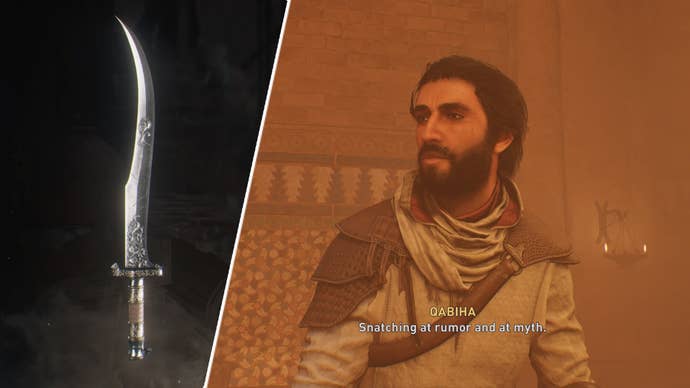 An image of Basim is positioned next to a picture of a sword from Assassin’s Creed Mirage