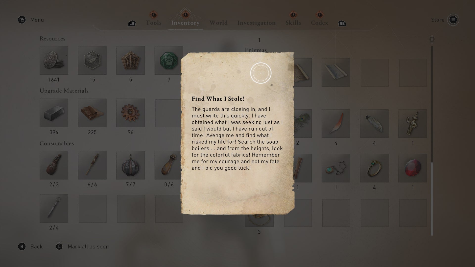 A letter - the Find What I Stole enigma clue - is shown in Basim&rsquo;s inventory in Assassin&rsquo;s Creed Mirage