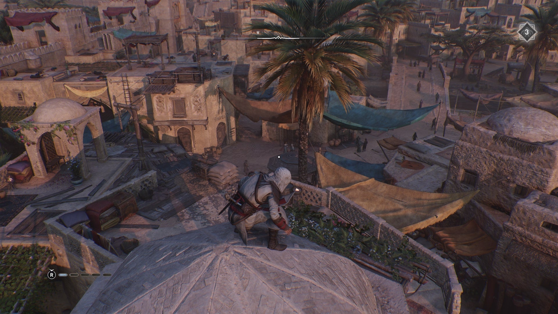 Basim stands atop a dome building looking at some colourful canopies in Assassin's Creed Mirage - 6