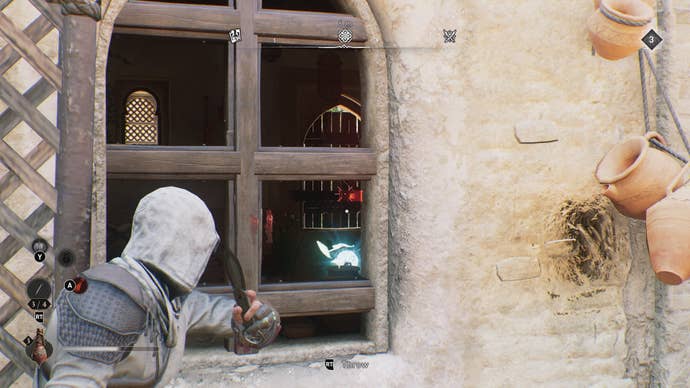 Basim aims a throwing knife at a barred door through a window in Assassin's Creed Mirage