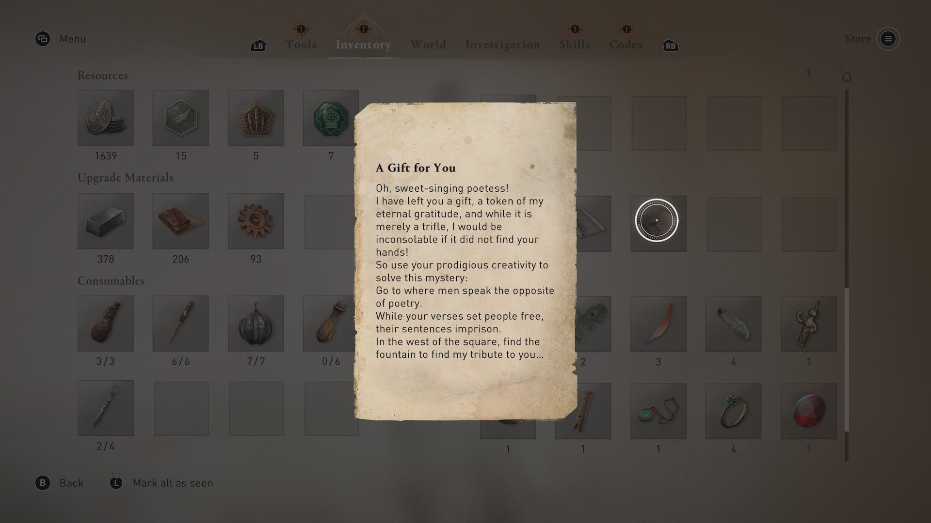 The clue, a short letter, associated with the A Gift For You enigma in Assassin's Creed Mirage - 5