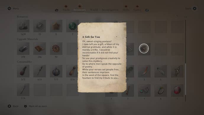 The clue, a short letter, associated with the A Gift For You enigma in Assassin's Creed Mirage