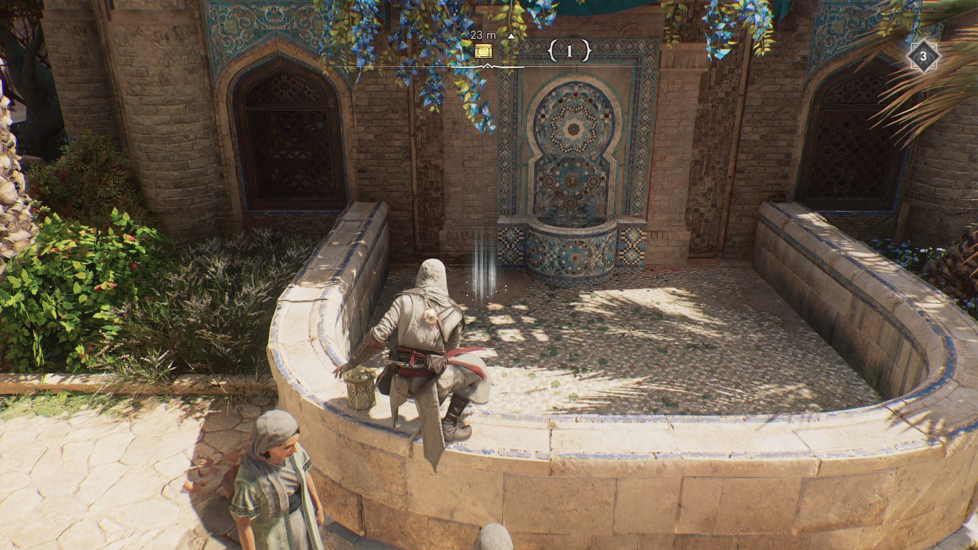 Basim faces a glowing reward in a fountain at Mazalim Courts in Assassin&rsquo;s Creed Mirage