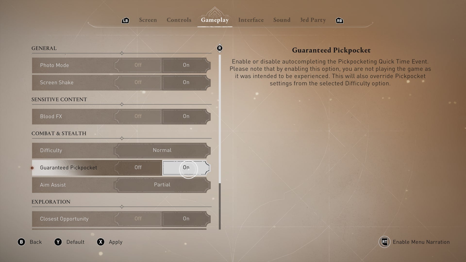 A screenshot of the gameplay menu in Assassin&rsquo;s Creed Mirage, with the cursor hovered over the Guaranteed Pickpocket option