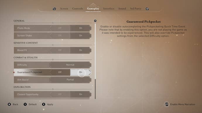 A screenshot of the gameplay menu in Assassin's Creed Mirage, with the cursor hovered over the Guaranteed Pickpocket option