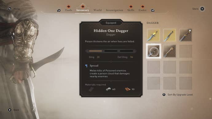 The Hidden One dagger shown in the player inventory in Assassin's Creed Mirage