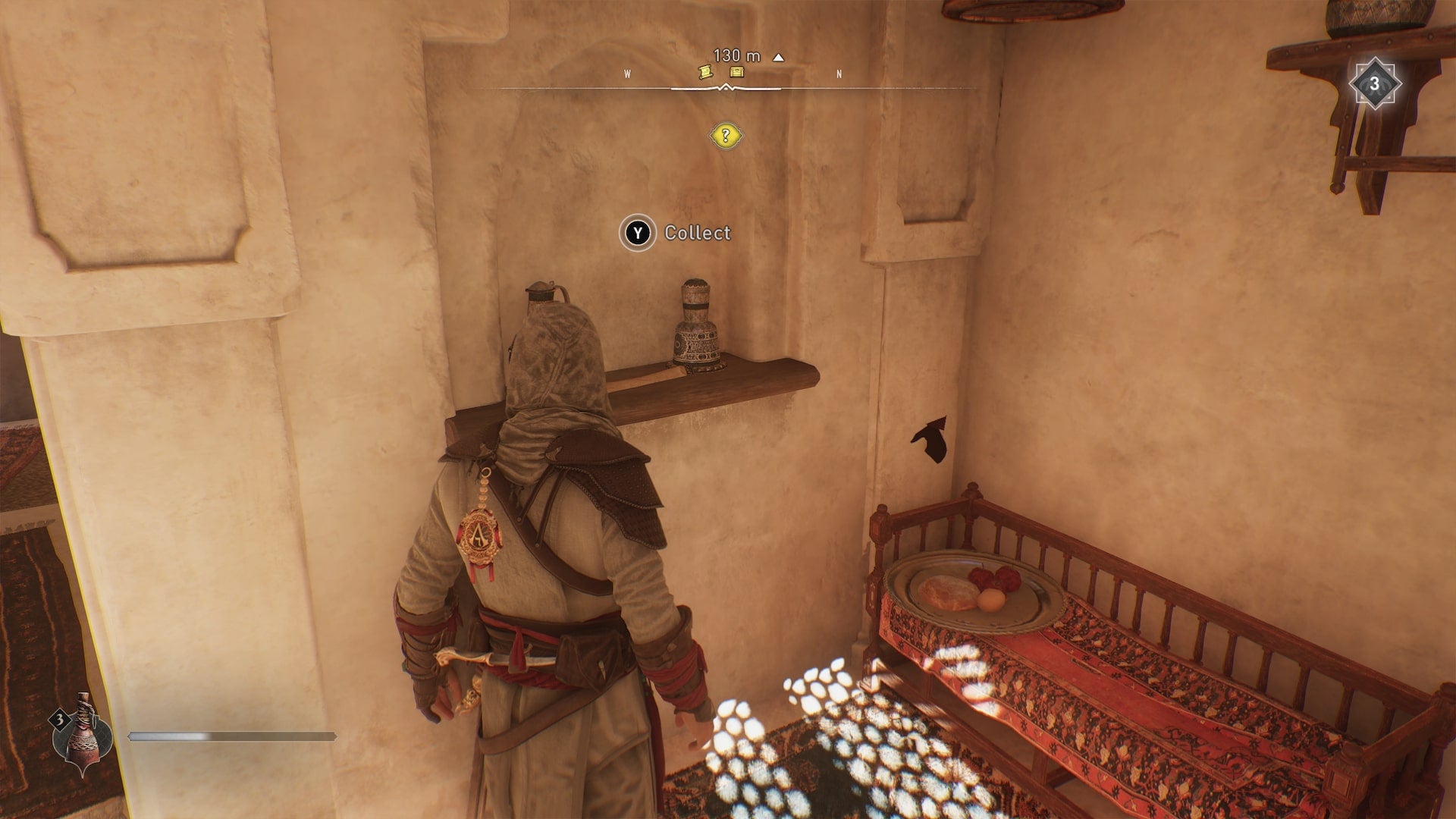 Basim faces a small shelf with an enigma scroll on it in Assassin&rsquo;s Creed Mirage
