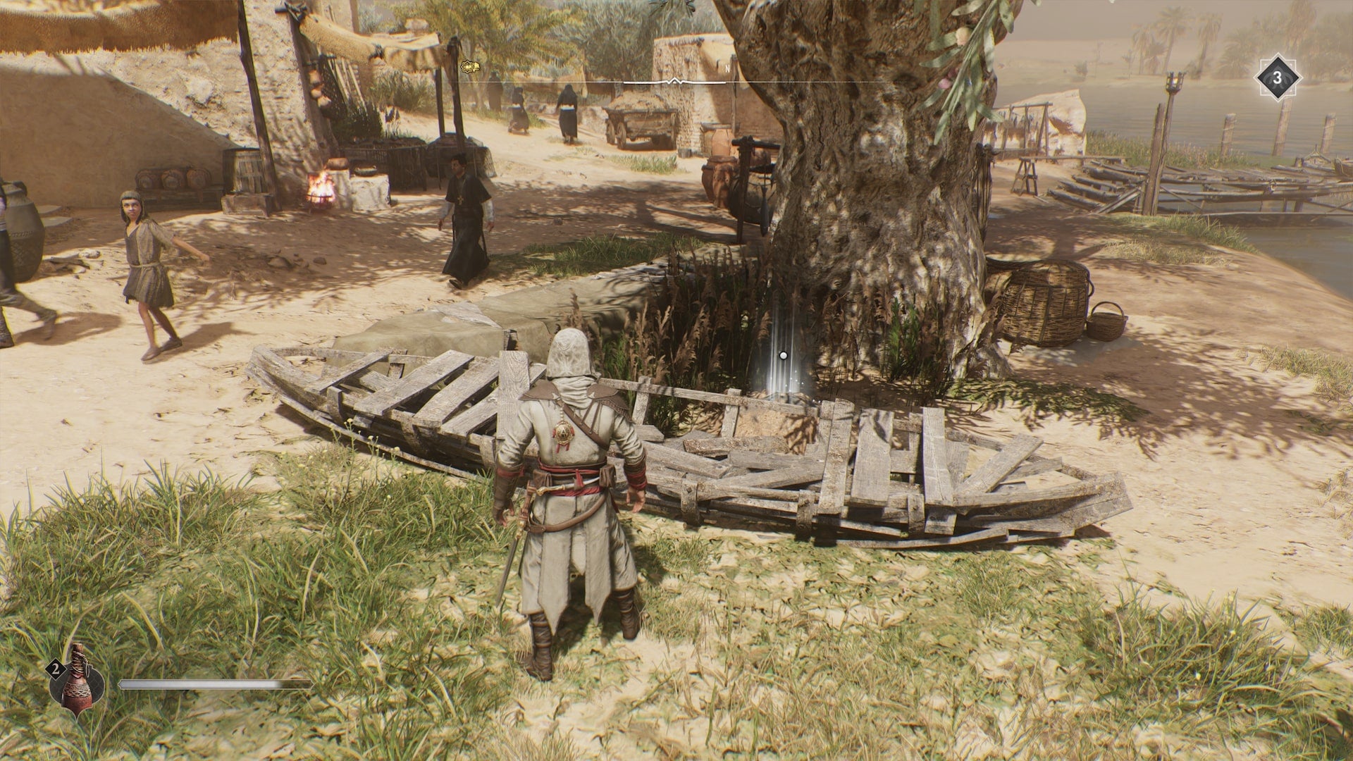 Basim faces a broken boat and large tree with a treasure glowing in front of them in Assassin&rsquo;s Creed Mirage