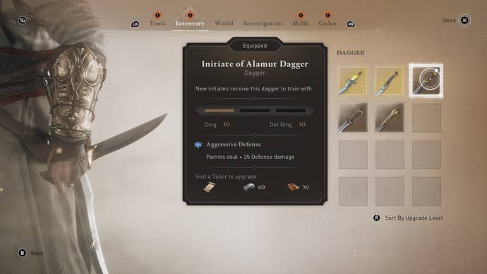 The Initiate of Alamut dagger shown in the player inventory in Assassin's Creed Mirage