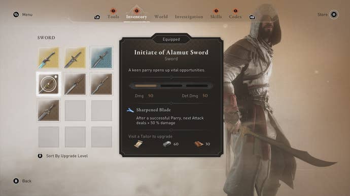 The Initiate of Alamut Sword shown in the player inventory in Assassin's Creed Mirage