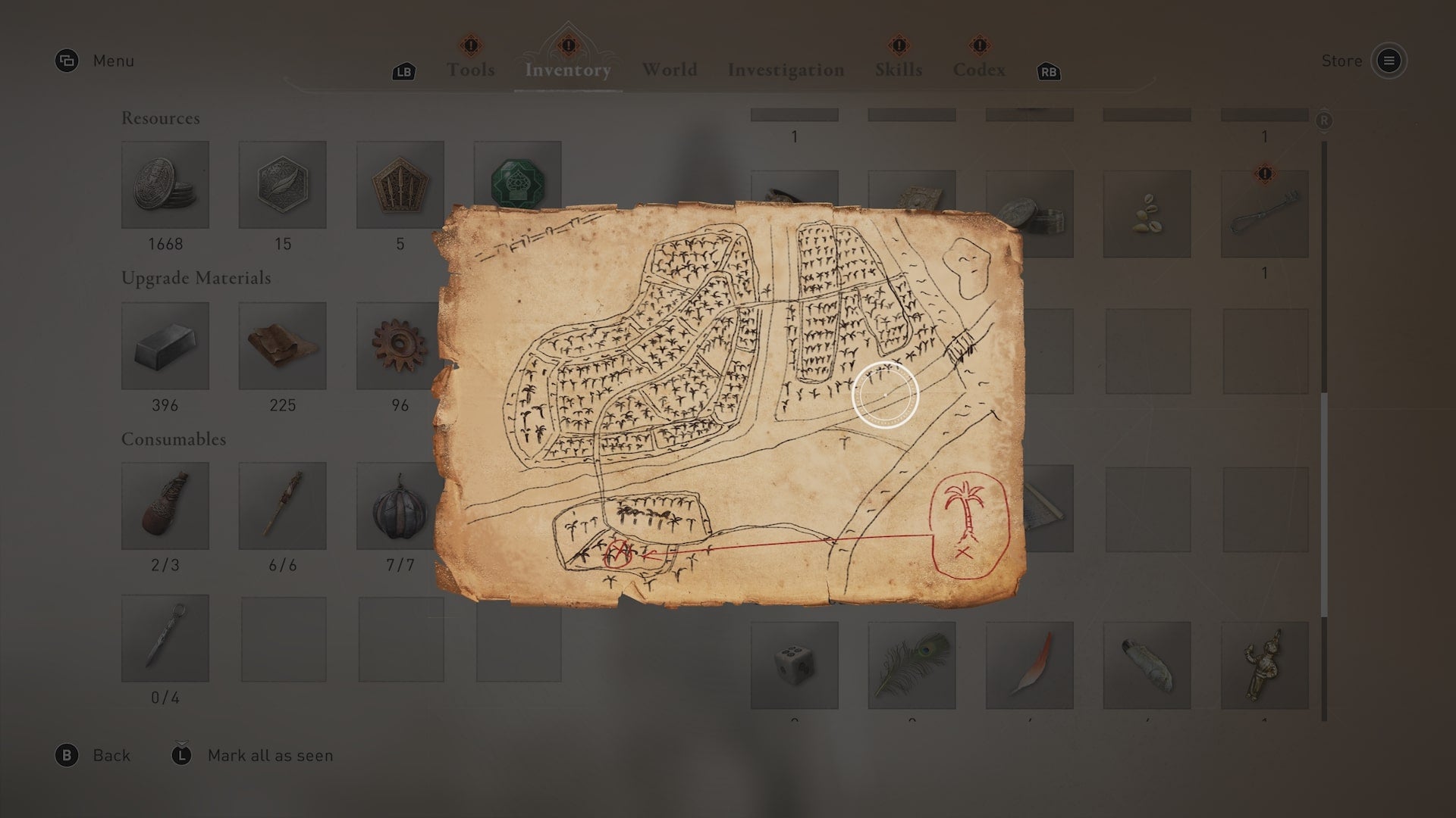 The Joy Beneath Weeping Palms enigma clue is shown, which is a drawing of Palm Grove in Assassin's Creed Mirage - 5
