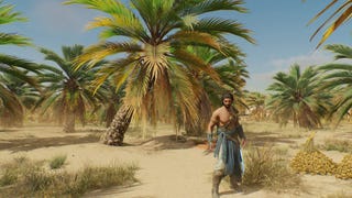 Basim stands in front of a slanted palm tree in Palm Grove in Assassin's Creed Mirage