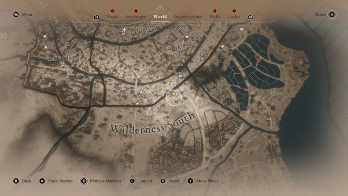 A map showing the location of the Joy Beneath Weeping Palms enigma in Assassin's Creed Mirage