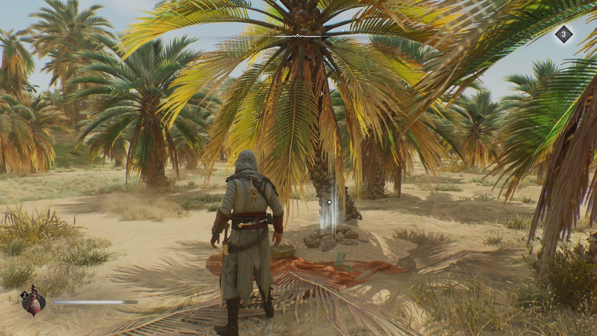 Basim faces a slanted palm tree with some rocks and treasure beneath it in Palm Grove of Assassin's Creed Mirage - 7