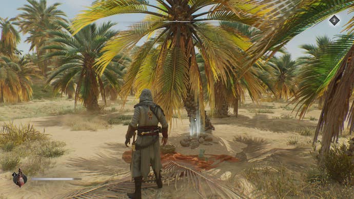 Basim faces a slanted palm tree with some rocks and treasure beneath it in Palm Grove of Assassin's Creed Mirage