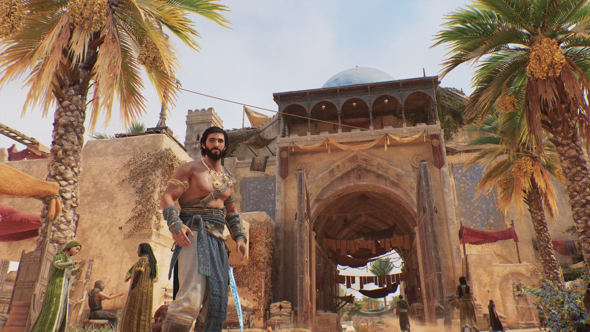 Basim stands in front of a gate amidst palm trees and other civilians in Assassin's Creed Mirage - 1