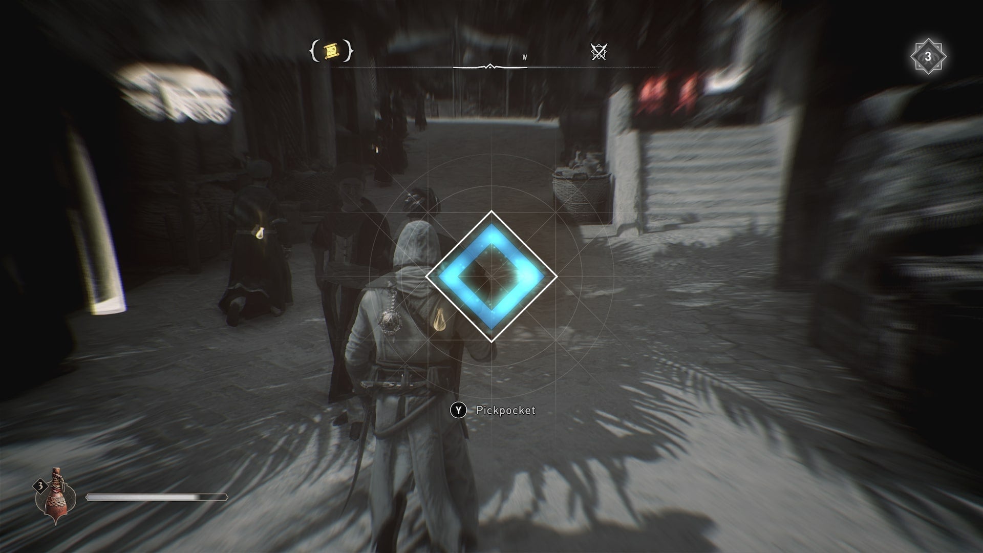 Basim completes a quick time event while pickpocketing a civilian in Assassin&rsquo;s Creed Mirage