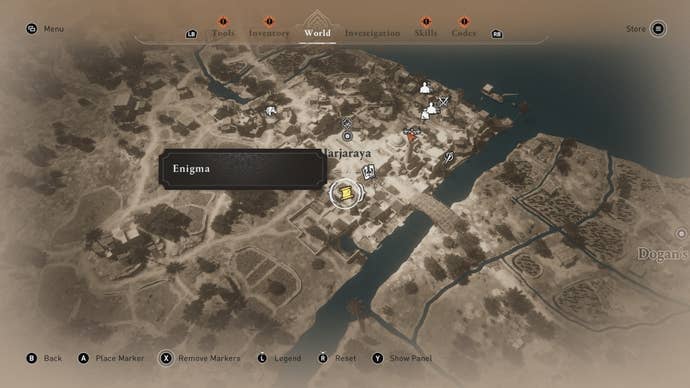 A map showing the location of the Reap from the Ruins enigma in Jarjaraya in Assassin's Creed Mirage