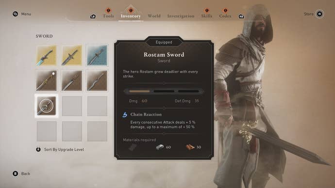 The Rostam Sword shown in the player inventory in Assassin's Creed Mirage