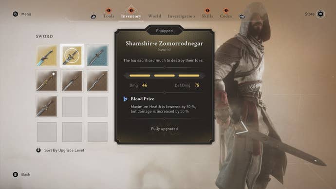 The Shamshir-e Zomorrodnegar sword shown in the player inventory in Assassin's Creed Mirage