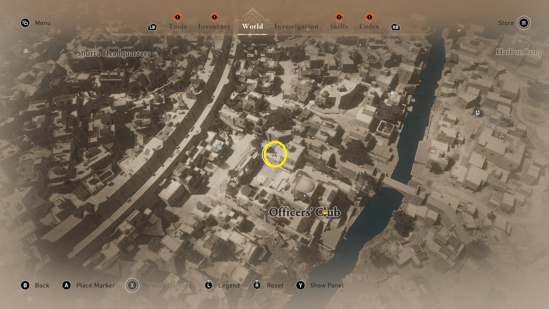 A map showing the location of the Solve This Problem Quickly For Me enigma at the Officer's Club in Assassin's Creed Mirage - 3