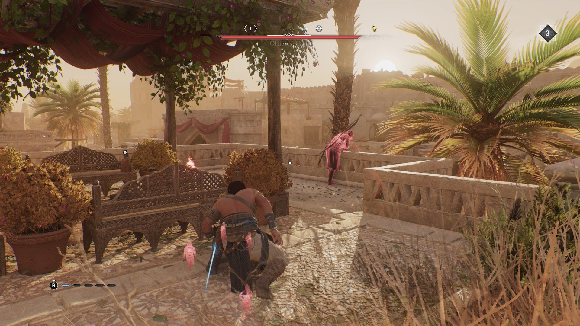 Basim crouches on a balcony near a guard where the Solve This Problem Quickly For Me enigma can be found in Assassin&rsquo;s Creed Mirage