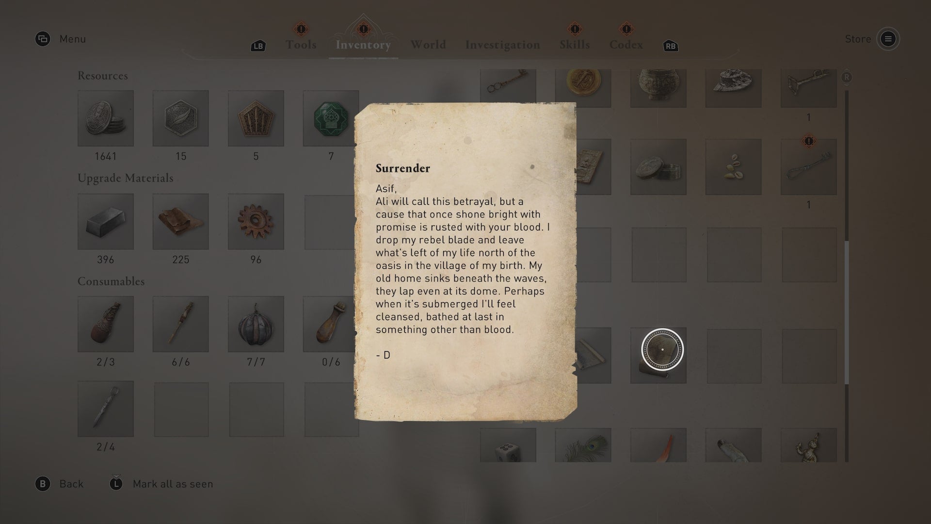The clue associated with the Surrender enigma, which is a short letter, in Assassin&rsquo;s Creed Mirage
