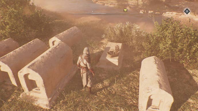 Basim stands by a grave where the Surrender enigma is found in Assassin's Creed Mirage