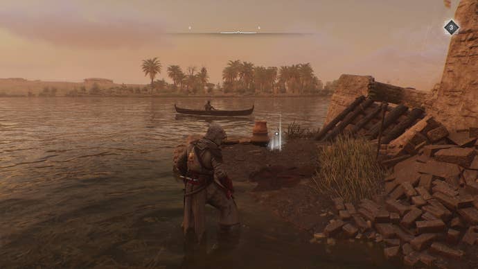 Basim faces some treasure in a village surrounded by water in Assassin's Creed Mirage