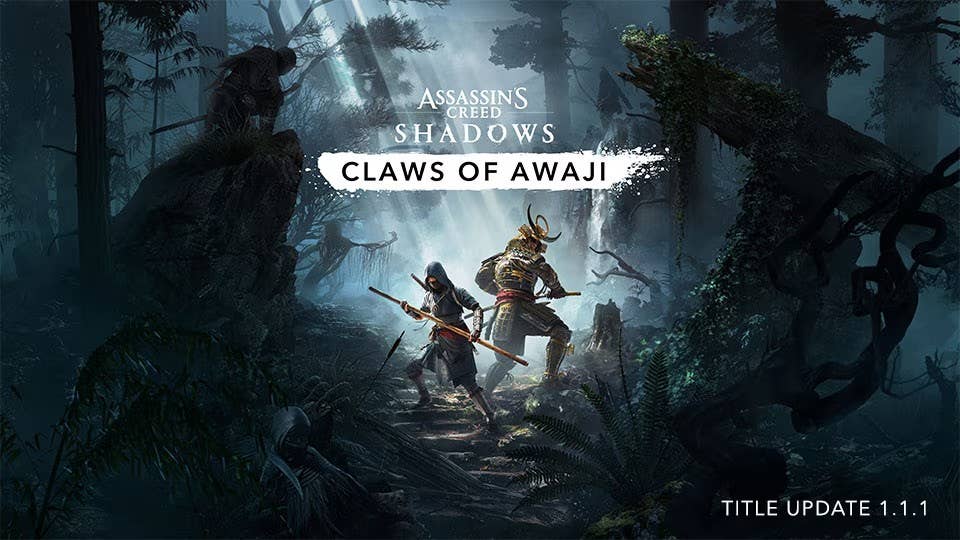 AC Shadows Claws of Awaji promo image showing Naoe and Yasuke in a dark forest area