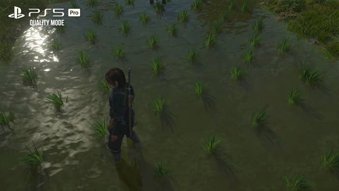 AC Shadows PS5 Pro screenshot: character disappears in a reflection when out of screen-space