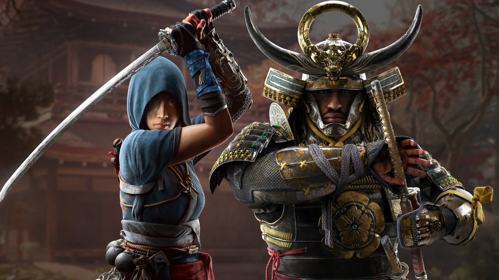 Naoe and Yasuke, the shinobi and samurai from Assassin's Creed Shadows, over the top of a nice pciture of a Japanese house in the autumn. - 1