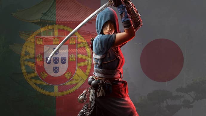 A Portugese flag and a Japanese flag over a tower in Assassin’s Creed Shadows, with the ninja Naoe over the top.