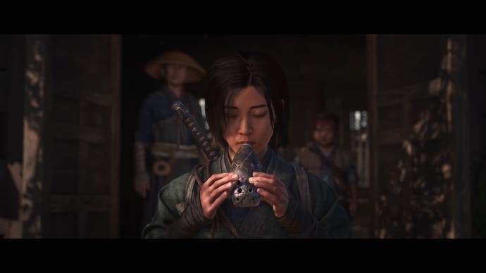 AC Shadows screenshot showing Naoe playing her wind instrument