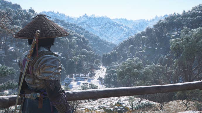 AC Shadows screenshot showing Naoeo looking out over a valley
