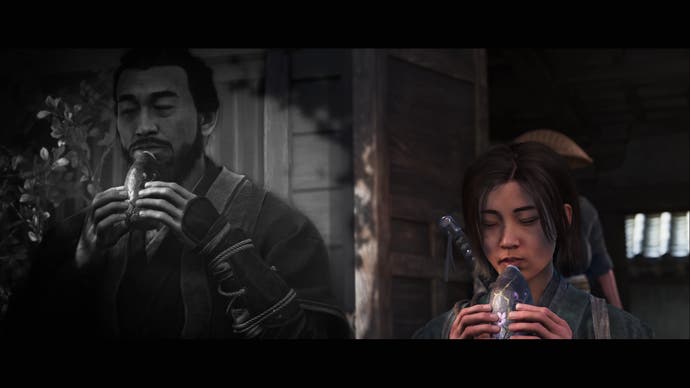 AC Shadows screenshot showing young Naoe and her father playing their wind instruments