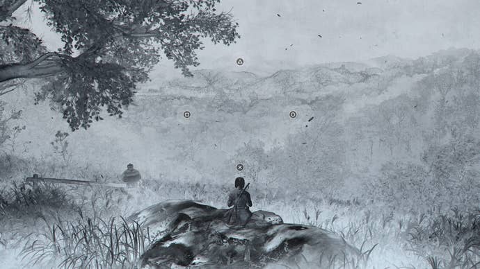 AC Shadows screenshot showing Naoe during a wintery meditation minigame