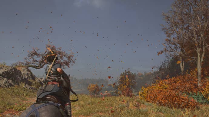 AC Shadows screenshot showing Naoeo galloping in the autumnal wind