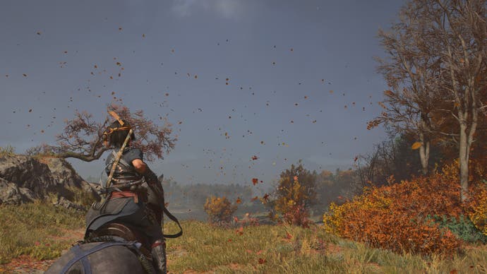AC Shadows screenshot showing Naoeo galloping in the autumnal wind