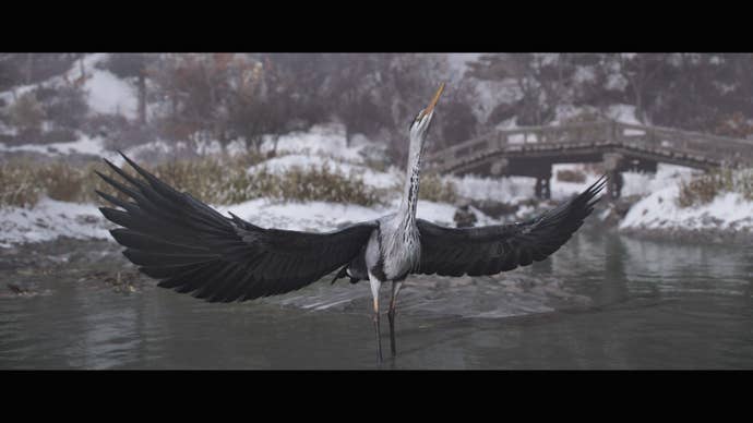 AC Shadows screenshot showing a heron taking flight from a river